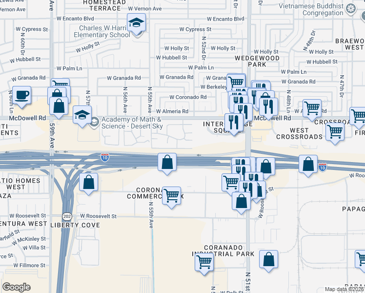 map of restaurants, bars, coffee shops, grocery stores, and more near 5234 West Belleview Street in Phoenix