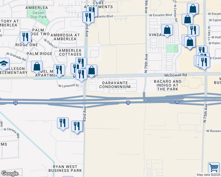 map of restaurants, bars, coffee shops, grocery stores, and more near 1405 North 81st Lane in Phoenix