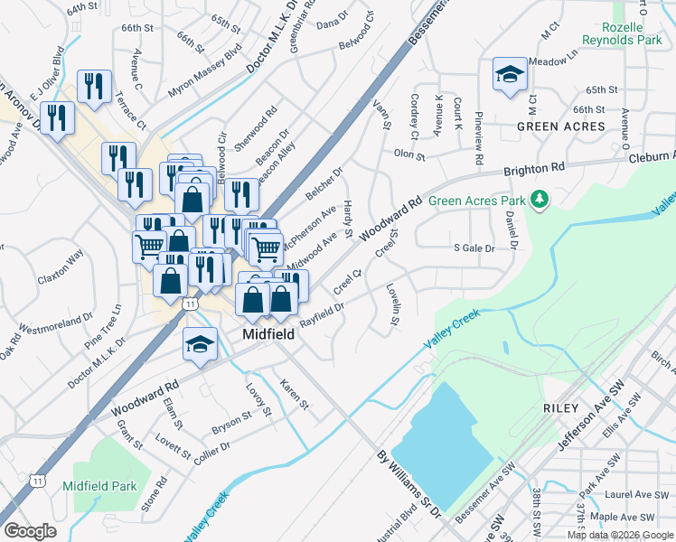 map of restaurants, bars, coffee shops, grocery stores, and more near 1369 Woodward Road in Birmingham