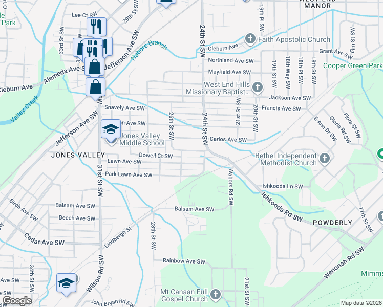 map of restaurants, bars, coffee shops, grocery stores, and more near 2429 College Avenue Southwest in Birmingham