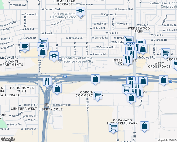 map of restaurants, bars, coffee shops, grocery stores, and more near 5442 West Belleview Street in Phoenix