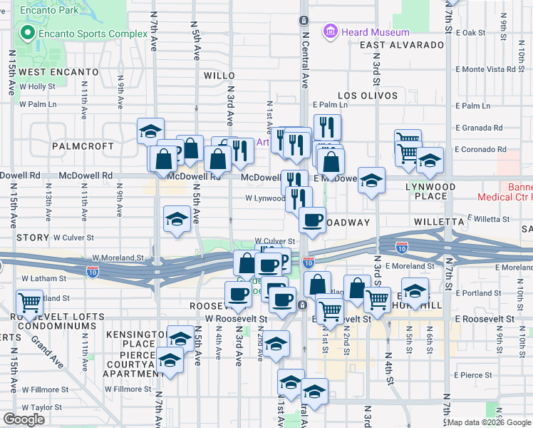 map of restaurants, bars, coffee shops, grocery stores, and more near 37 West Willetta Street in Phoenix