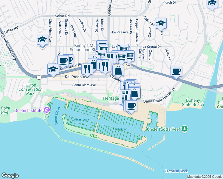 map of restaurants, bars, coffee shops, grocery stores, and more near 34352 Shore Lantern in Dana Point
