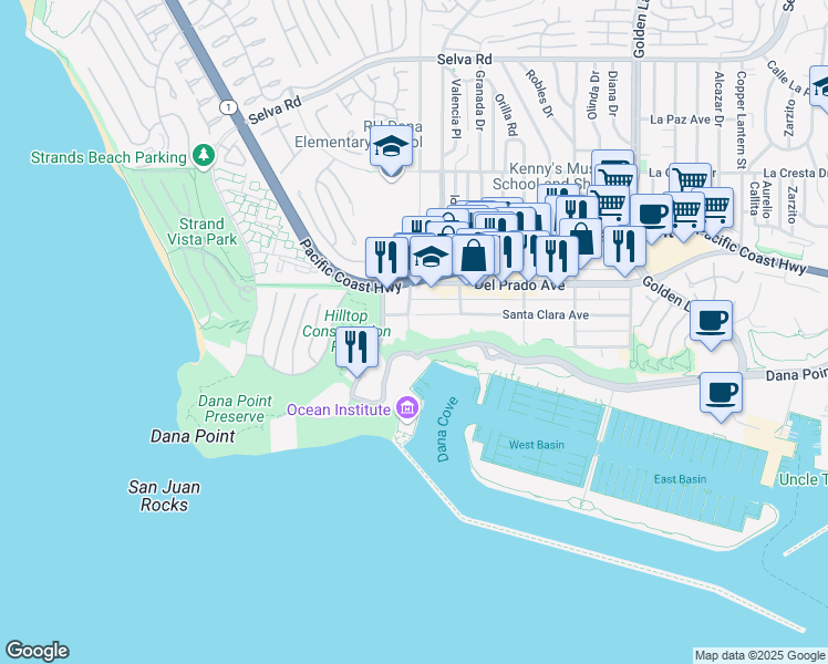 map of restaurants, bars, coffee shops, grocery stores, and more near 24242 Santa Clara Avenue in Dana Point