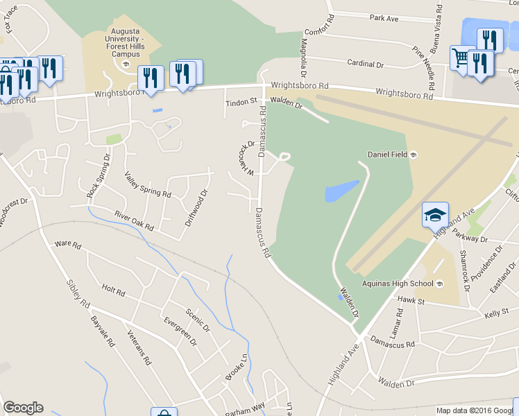 map of restaurants, bars, coffee shops, grocery stores, and more near 3125 Damascus Road in Augusta