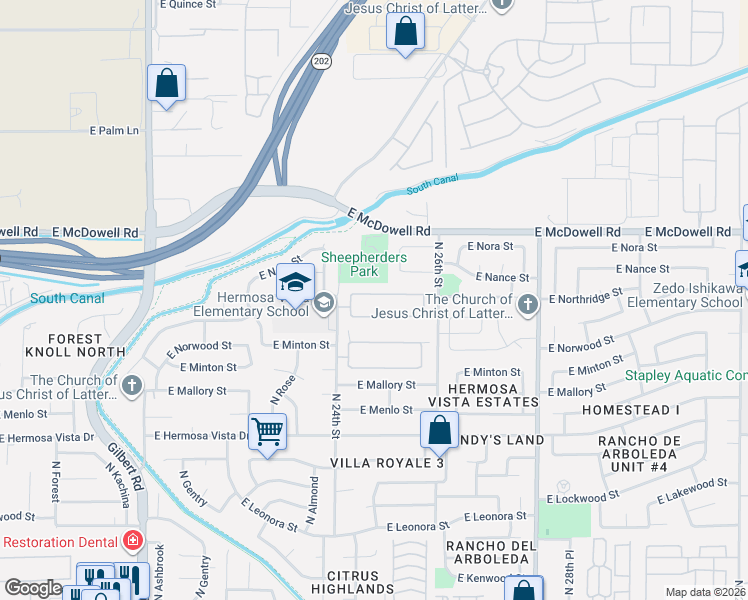 map of restaurants, bars, coffee shops, grocery stores, and more near Estates at Northridge in Mesa