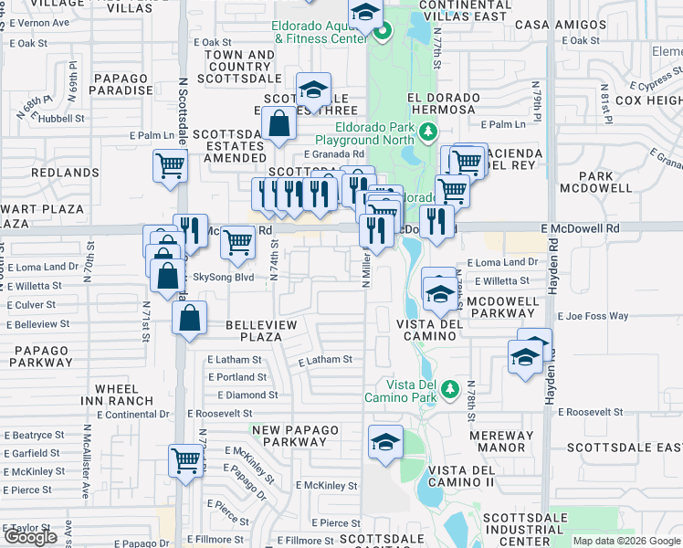 map of restaurants, bars, coffee shops, grocery stores, and more near 7501 East McDowell Road in Scottsdale