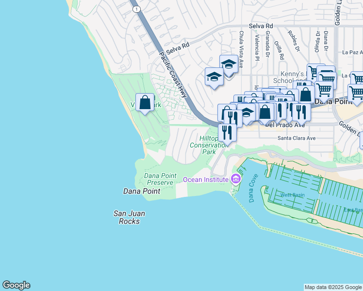 map of restaurants, bars, coffee shops, grocery stores, and more near Coral Cove Way in Dana Point