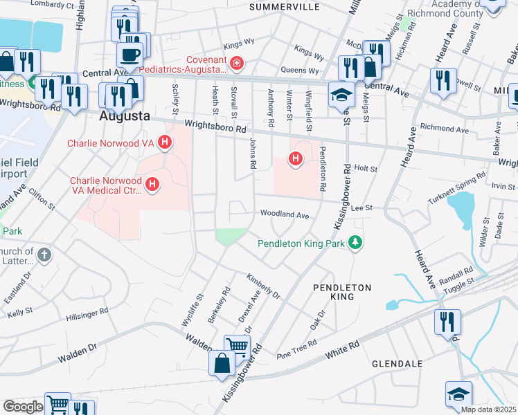 map of restaurants, bars, coffee shops, grocery stores, and more near 2224 Woodland Avenue in Augusta