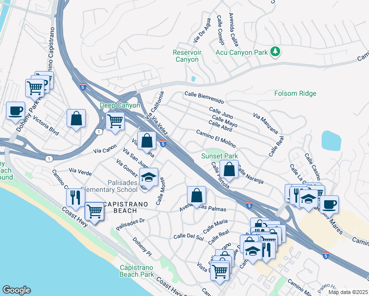 map of restaurants, bars, coffee shops, grocery stores, and more near 33345 Calle Naranja in Dana Point