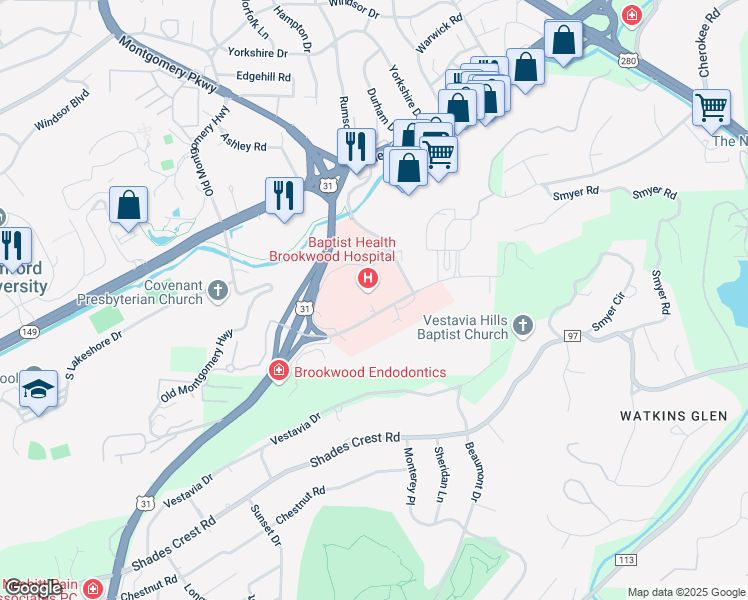 map of restaurants, bars, coffee shops, grocery stores, and more near 2018 Brookwood Medical Center Drive in Birmingham