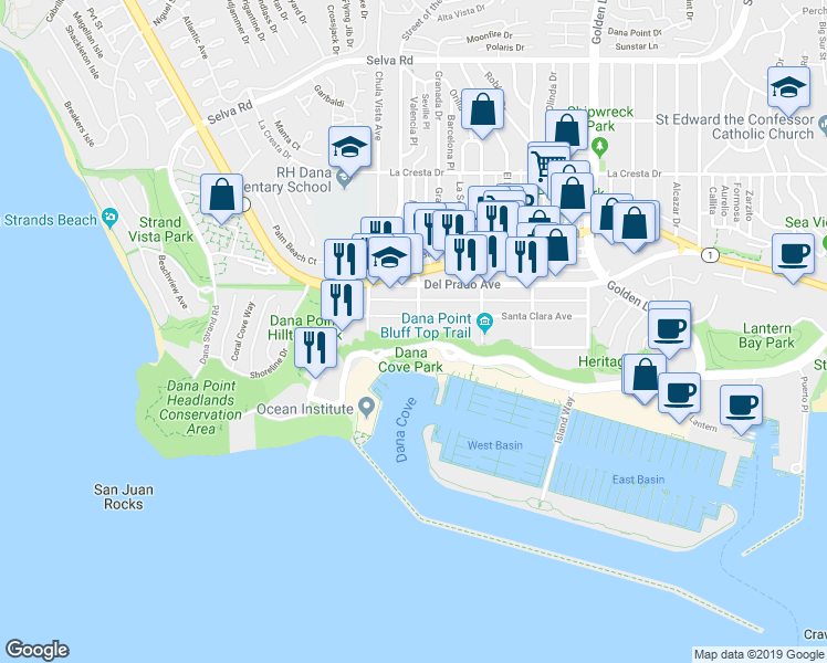 map of restaurants, bars, coffee shops, grocery stores, and more near 24332 Santa Clara Avenue in Dana Point