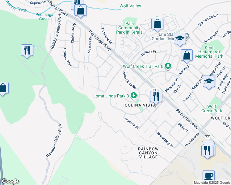 map of restaurants, bars, coffee shops, grocery stores, and more near 45342 Maguey Court in Temecula