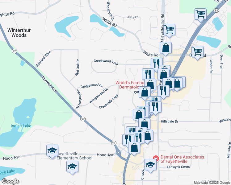 map of restaurants, bars, coffee shops, grocery stores, and more near 175 Creekside Trail in Fayetteville