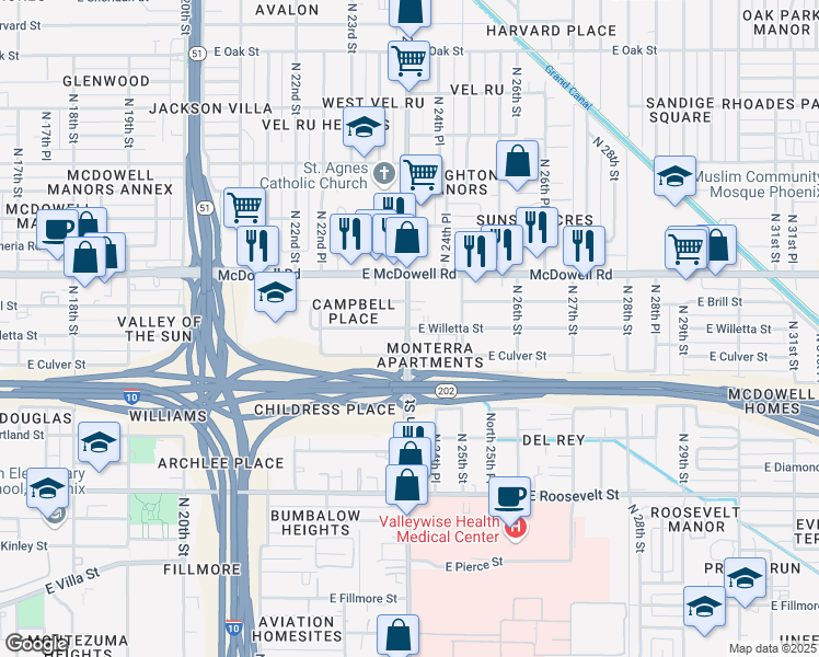 map of restaurants, bars, coffee shops, grocery stores, and more near N 24th St & E Willetta St in Phoenix