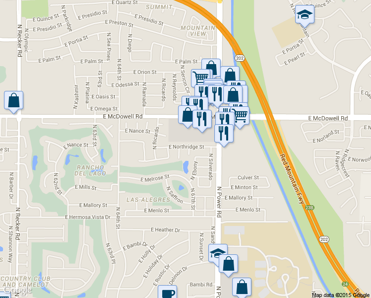 map of restaurants, bars, coffee shops, grocery stores, and more near 2634 North Sericin Circle in Mesa