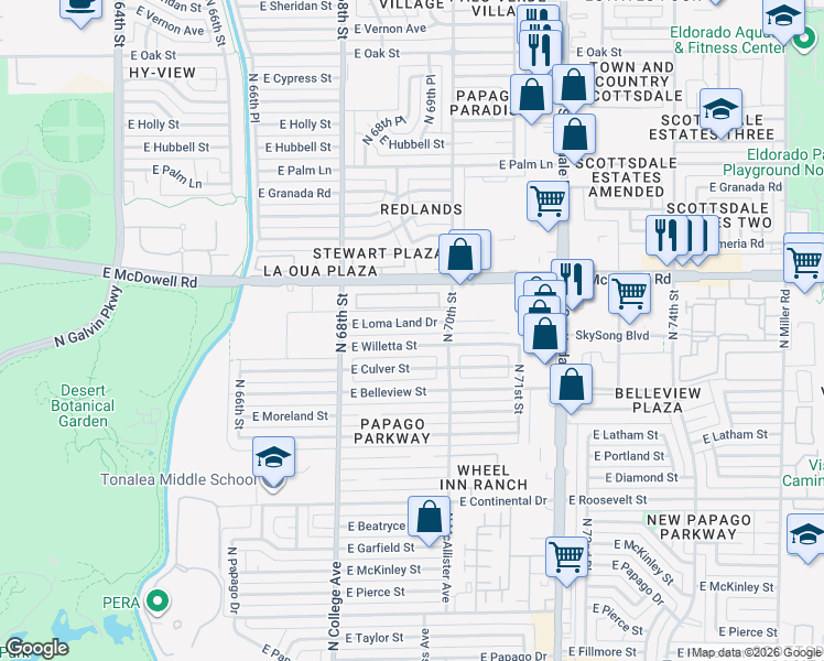 map of restaurants, bars, coffee shops, grocery stores, and more near 6937 East Willetta Street in Scottsdale