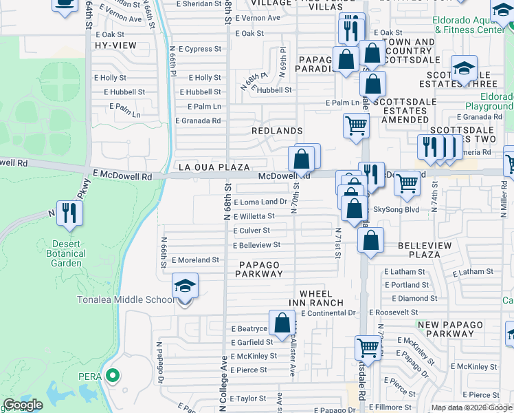 map of restaurants, bars, coffee shops, grocery stores, and more near 6901 East Willetta Street in Scottsdale