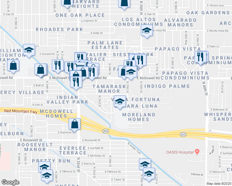 map of restaurants, bars, coffee shops, grocery stores, and more near 1231 North 34th Street in Phoenix