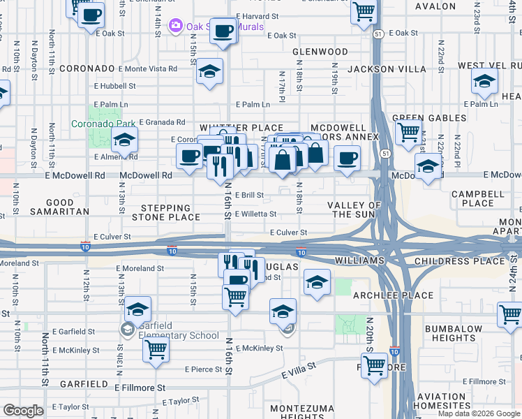 map of restaurants, bars, coffee shops, grocery stores, and more near 1645 East Willetta Street in Phoenix