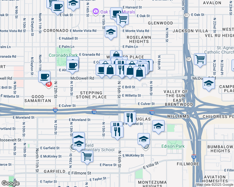 map of restaurants, bars, coffee shops, grocery stores, and more near 1529 East Willetta Street in Phoenix