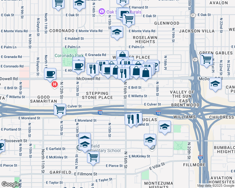 map of restaurants, bars, coffee shops, grocery stores, and more near 1529 East Willetta Street in Phoenix