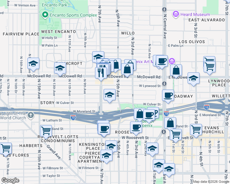 map of restaurants, bars, coffee shops, grocery stores, and more near 345 West Willetta Street in Phoenix