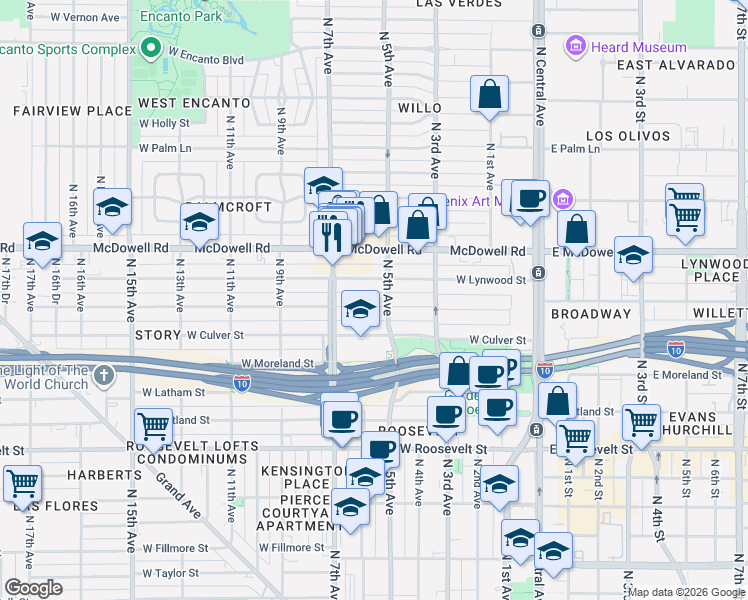 map of restaurants, bars, coffee shops, grocery stores, and more near 523 West Willetta Street in Phoenix