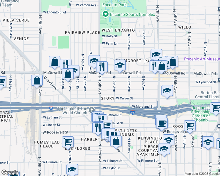 map of restaurants, bars, coffee shops, grocery stores, and more near 1329 West Willetta Street in Phoenix