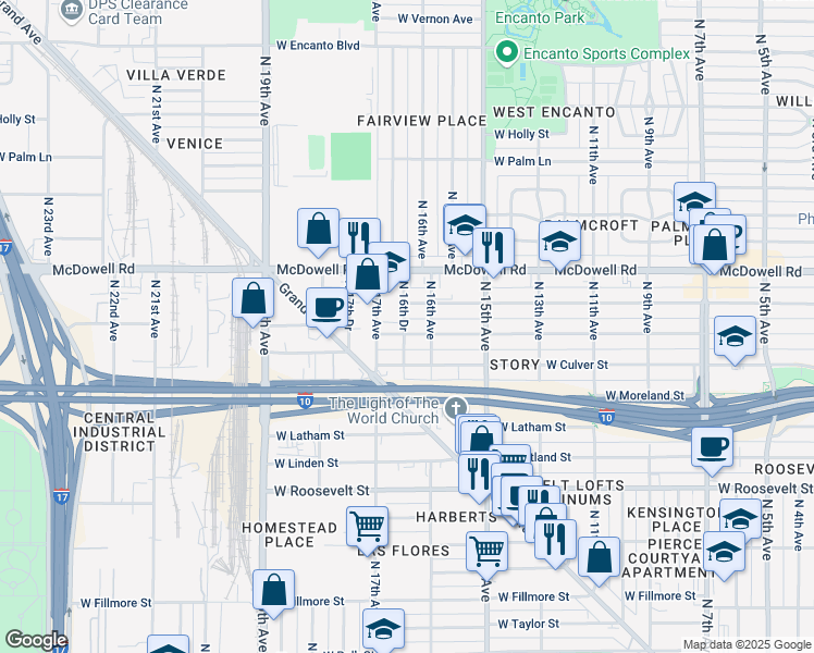 map of restaurants, bars, coffee shops, grocery stores, and more near 1637 West Willetta Street in Phoenix