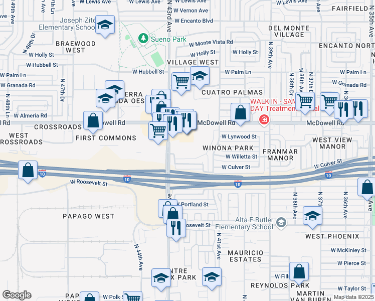 map of restaurants, bars, coffee shops, grocery stores, and more near 4238 West Culver Street in Phoenix