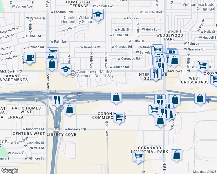 map of restaurants, bars, coffee shops, grocery stores, and more near 5442 West Belleview Street in Phoenix