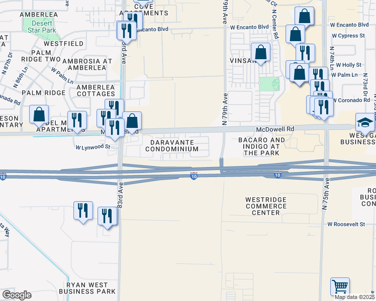 map of restaurants, bars, coffee shops, grocery stores, and more near 1414 North 80th Lane in Phoenix