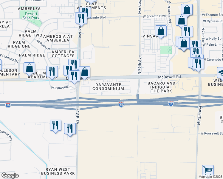 map of restaurants, bars, coffee shops, grocery stores, and more near 1414 North 80th Lane in Phoenix