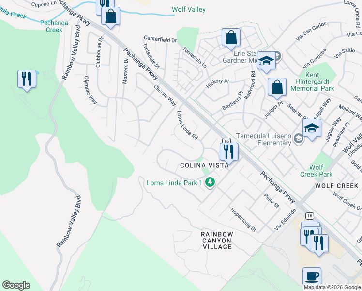 map of restaurants, bars, coffee shops, grocery stores, and more near 30833 East Loma Linda Road in Temecula