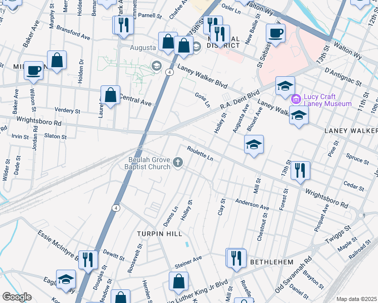 map of restaurants, bars, coffee shops, grocery stores, and more near 1432 Lee Beard Way in Augusta