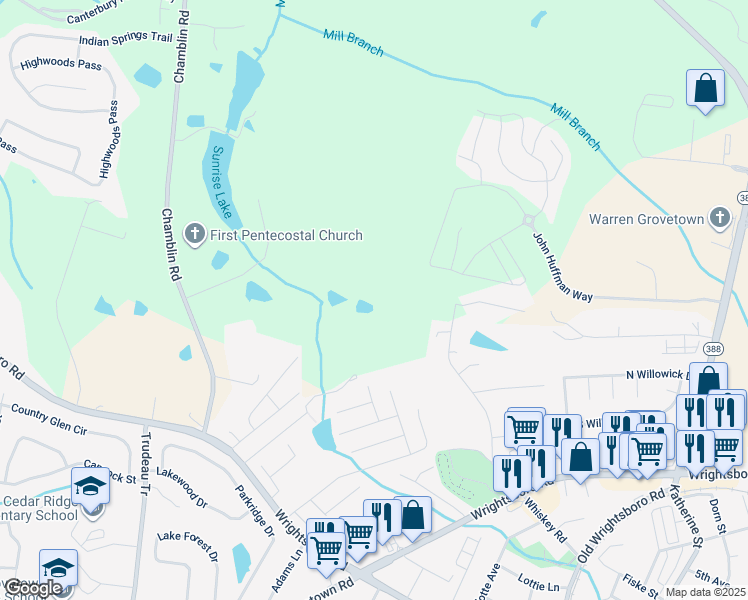 map of restaurants, bars, coffee shops, grocery stores, and more near 105 Railroad Avenue in Grovetown