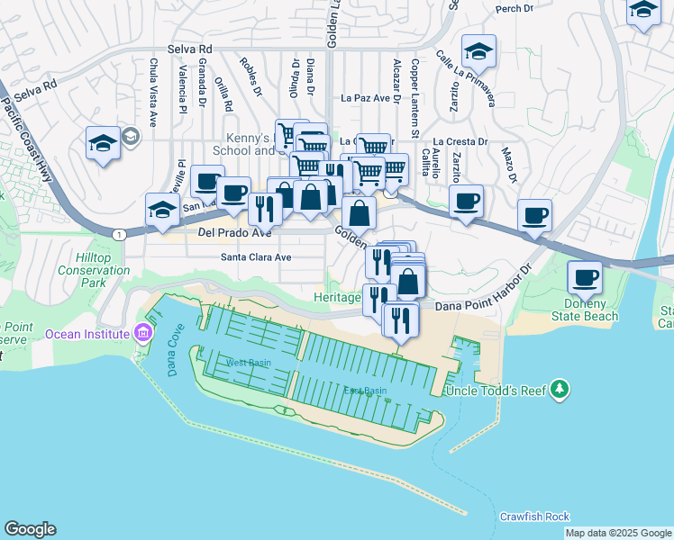 map of restaurants, bars, coffee shops, grocery stores, and more near 34352 Shore Lantern in Dana Point