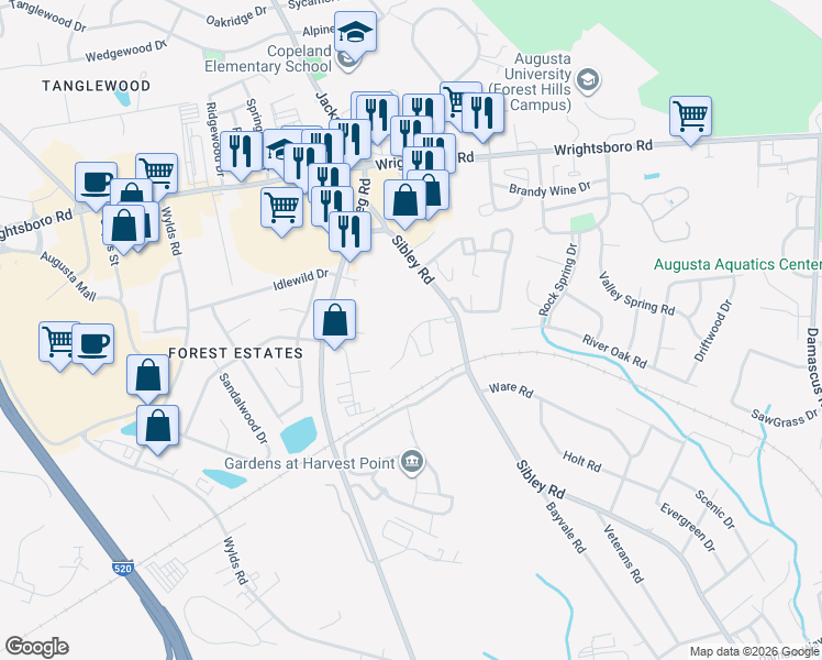 map of restaurants, bars, coffee shops, grocery stores, and more near 2719 Woodcrest Drive in Augusta