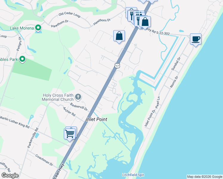 map of restaurants, bars, coffee shops, grocery stores, and more near 2082 Ocean Highway in Pawleys Island