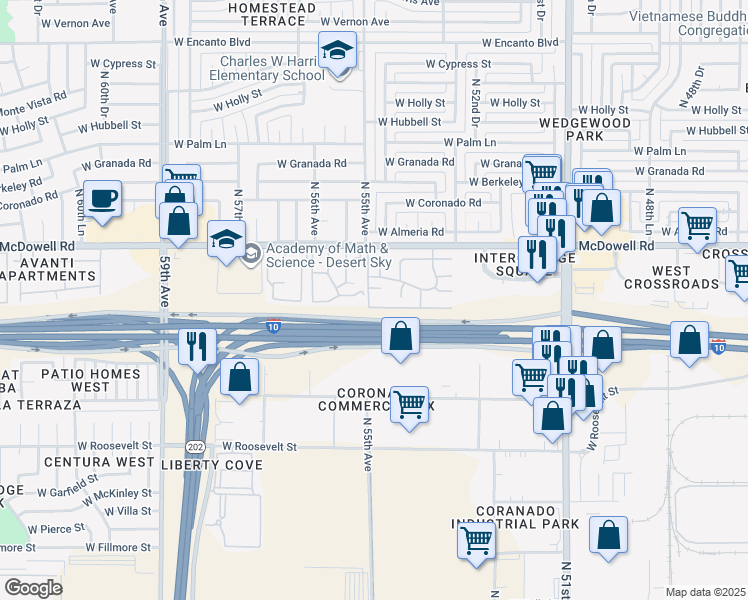map of restaurants, bars, coffee shops, grocery stores, and more near 5442 West Belleview Street in Phoenix