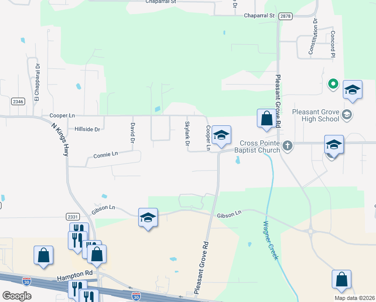 map of restaurants, bars, coffee shops, grocery stores, and more near 174 Skylark Drive in Texarkana