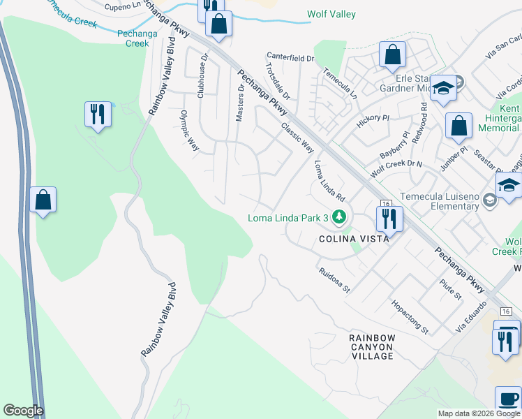 map of restaurants, bars, coffee shops, grocery stores, and more near 45990 Clubhouse Drive in Temecula