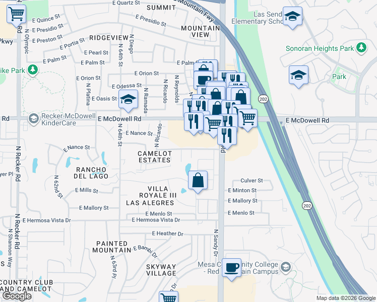 map of restaurants, bars, coffee shops, grocery stores, and more near 2634 North Sericin Circle in Mesa