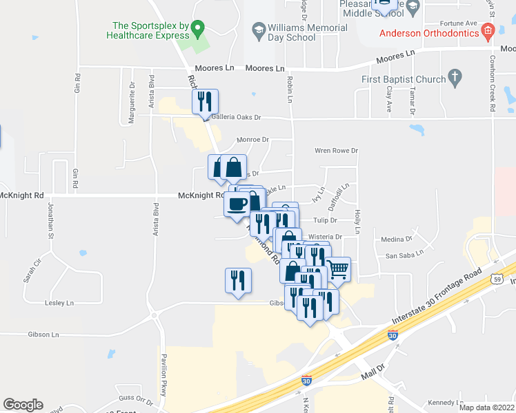 map of restaurants, bars, coffee shops, grocery stores, and more near 4019 Honeysuckle Lane in Texarkana