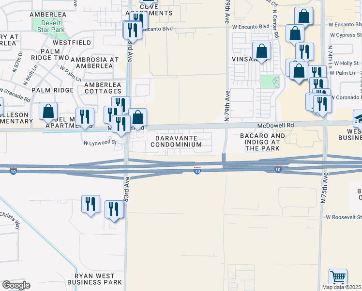 map of restaurants, bars, coffee shops, grocery stores, and more near 1414 North 80th Lane in Phoenix