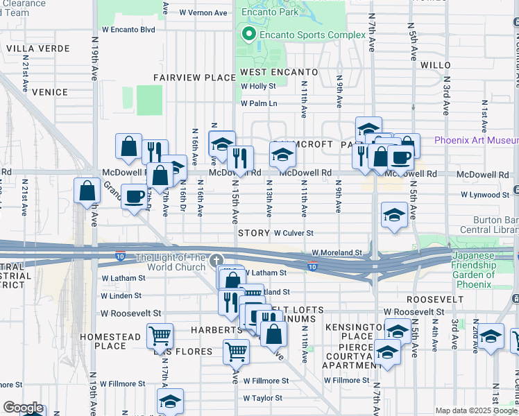 map of restaurants, bars, coffee shops, grocery stores, and more near 1329 West Willetta Street in Phoenix