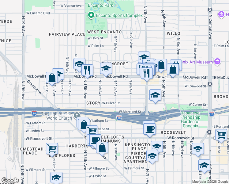 map of restaurants, bars, coffee shops, grocery stores, and more near 1109 West Willetta Street in Phoenix