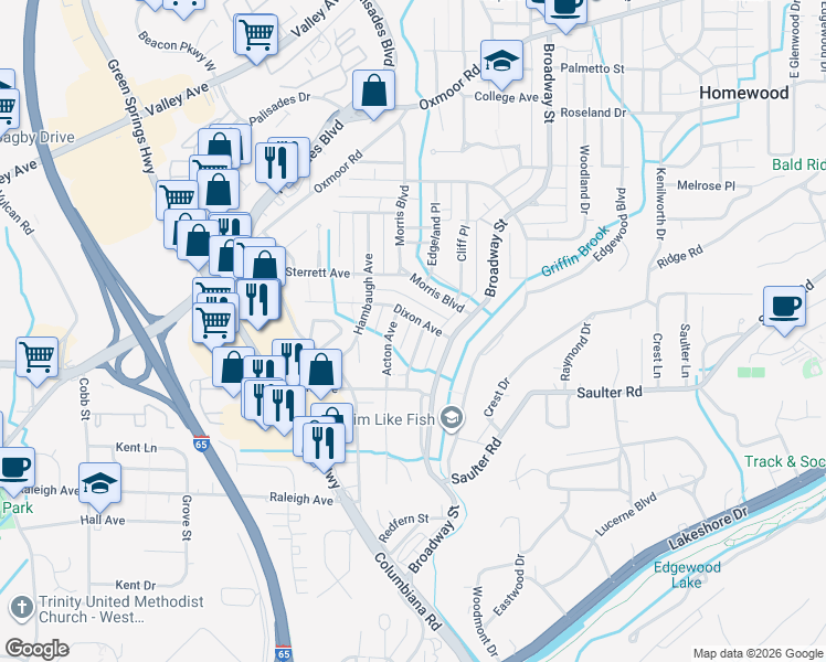map of restaurants, bars, coffee shops, grocery stores, and more near 216 Oglesby Avenue in Birmingham