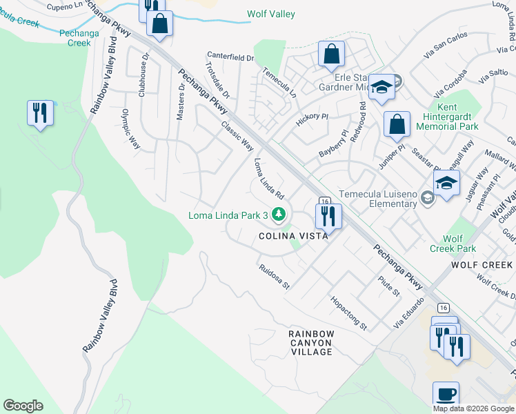 map of restaurants, bars, coffee shops, grocery stores, and more near 45303 Esmerado Court in Temecula